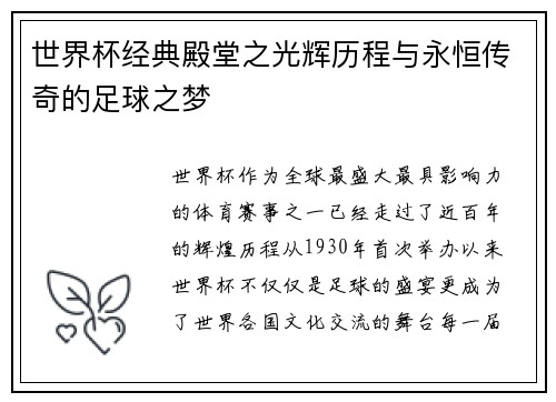 世界杯经典殿堂之光辉历程与永恒传奇的足球之梦